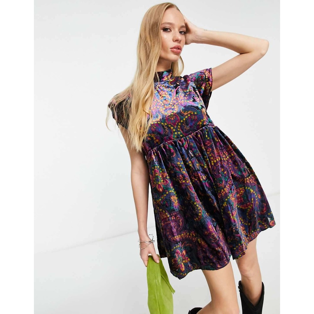 Free People All The Time Velvet Mini Dress Paisley Burnout Mock Neck Tie Back L